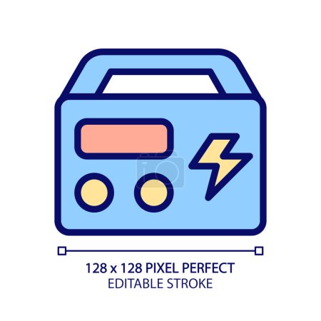 Illustration for Portable power station pixel perfect RGB color icon. Rechargeable device. Battery generator. Appliance for home and camping. Isolated vector illustration. Simple filled line drawing. Editable stroke - Royalty Free Image