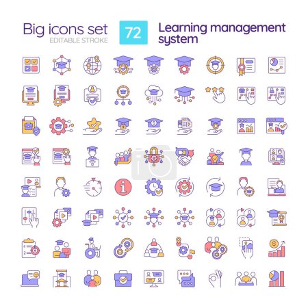 Learning management system RGB color icons set. Software application for education. User interface. Isolated vector illustrations. Simple filled line drawings collection. Editable stroke