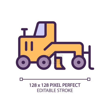 Illustration for Grader pixel perfect RGB color icon. Creating flat surface. Coal mining equipment. Heavy industry. Motor vehicle. Isolated vector illustration. Simple filled line drawing. Editable stroke - Royalty Free Image