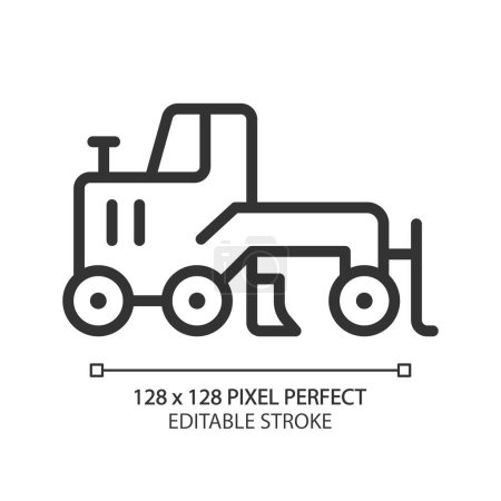 Illustration for Grader pixel perfect linear icon. Creating flat surface. Coal mining equipment. Heavy industry. Motor vehicle. Thin line illustration. Contour symbol. Vector outline drawing. Editable stroke - Royalty Free Image