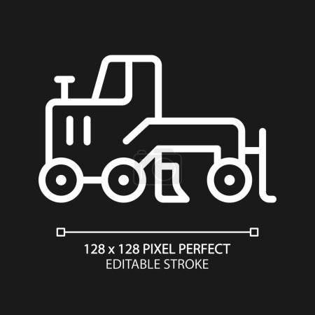 Illustration for Grader pixel perfect white linear icon for dark theme. Creating flat surface. Coal mining equipment. Heavy industry. Thin line illustration. Isolated symbol for night mode. Editable stroke - Royalty Free Image