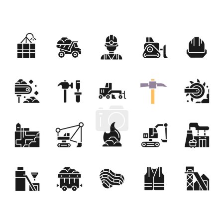 Téléchargez les illustrations : Coal mining black glyph icons set on white space. Personal protective equipment. Heavy industry. Source of fossil fuel. Silhouette symbols. Solid pictogram pack. Vector isolated illustration - en licence libre de droit
