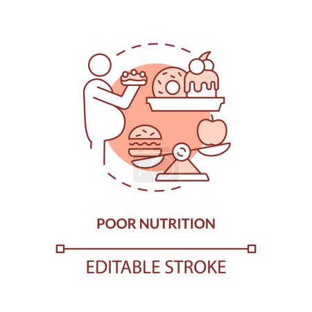 Illustration for Poor nutrition red concept icon. Unhealthy diet. Chronic disease risk factor abstract idea thin line illustration. Isolated outline drawing. Editable stroke. Arial, Myriad Pro-Bold fonts used - Royalty Free Image