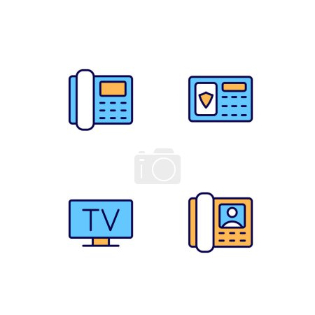 Illustration for Home appliances pixel perfect RGB color icons set. Security system. TV broadcasting. Telephony. Door phone. Isolated vector illustrations. Simple filled line drawings collection. Editable stroke - Royalty Free Image