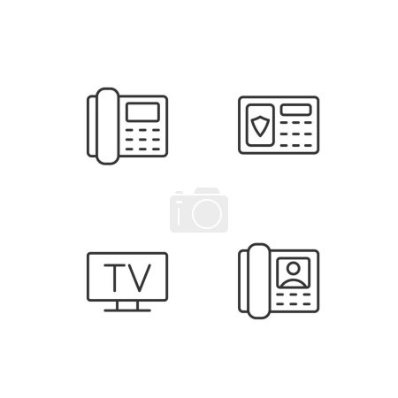 Illustration for Home appliances pixel perfect linear icons set. Security system. TV broadcasting. Telephony. Door phone. Customizable thin line symbols. Isolated vector outline illustrations. Editable stroke - Royalty Free Image