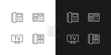 Illustration for Home appliances pixel perfect linear icons set for dark, light mode. Security system. TV broadcasting. Door phone. Thin line symbols for night, day theme. Isolated illustrations. Editable stroke - Royalty Free Image
