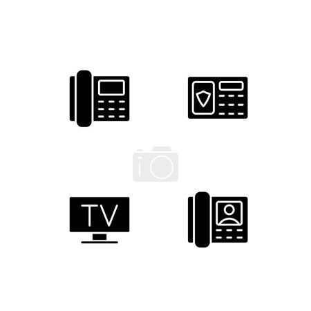Illustration for Home appliances black glyph icons set on white space. Security system. TV broadcasting. Telephony. Door phone. Silhouette symbols. Solid pictogram pack. Vector isolated illustration - Royalty Free Image