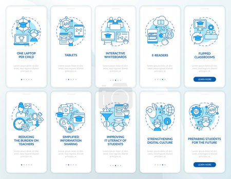 Illustration for ICT in education industry blue onboarding mobile app screens set. Walkthrough 5 steps editable graphic instructions with linear concepts. UI, UX, GUI template. Myriad Pro-Bold, Regular fonts used - Royalty Free Image