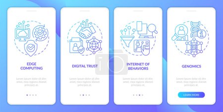 Illustration for Information technology trends blue gradient onboarding mobile app screen. Walkthrough 4 steps graphic instructions with linear concepts. UI, UX, GUI template. Myriad Pro-Bold, Regular fonts used - Royalty Free Image