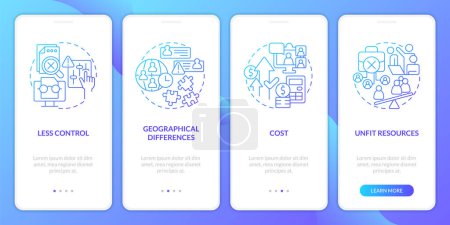 Illustration for IT staffing service disadvantages blue gradient onboarding mobile app screen. Walkthrough 4 steps graphic instructions with linear concepts. UI, UX, GUI template. Myriad Pro-Bold, Regular fonts used - Royalty Free Image