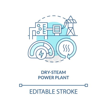 Illustration for Dry-steam power plant blue concept icon. Turbine and generator. Geothermal station abstract idea thin line illustration. Isolated outline drawing. Editable stroke. Arial, Myriad Pro-Bold fonts used - Royalty Free Image