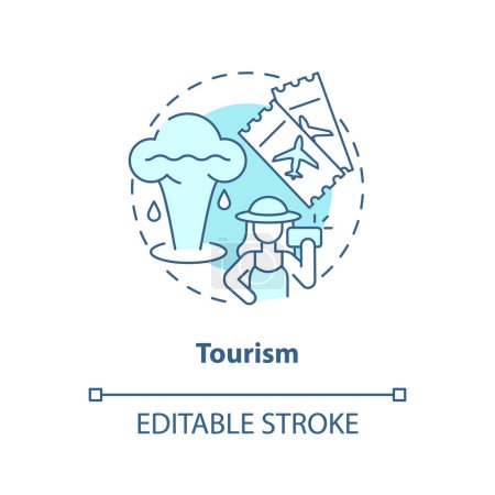 Illustration for Tourism blue concept icon. Geyser. Tourist attraction. Usage of geothermal energy abstract idea thin line illustration. Isolated outline drawing. Editable stroke. Arial, Myriad Pro-Bold fonts used - Royalty Free Image