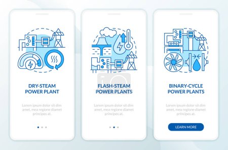 Illustration for Geothermal power plants blue onboarding mobile app screen. Walkthrough 3 steps editable graphic instructions with linear concepts. UI, UX, GUI template. Myriad Pro-Bold, Regular fonts used - Royalty Free Image