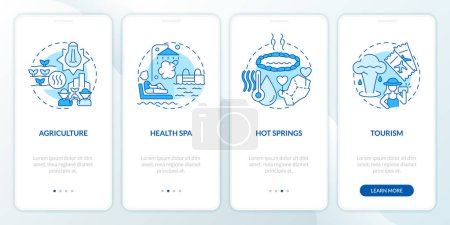 Illustration for Usage of geothermal energy blue onboarding mobile app screen. Walkthrough 4 steps editable graphic instructions with linear concepts. UI, UX, GUI template. Myriad Pro-Bold, Regular fonts used - Royalty Free Image