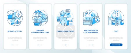Illustration for Geothermal energy disadvantages blue onboarding mobile app screen. Walkthrough 5 steps editable graphic instructions with linear concepts. UI, UX, GUI template. Myriad Pro-Bold, Regular fonts used - Royalty Free Image