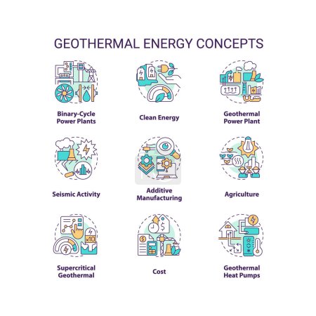 Illustration for Geothermal energy concept icons set. Power station. Generate electricity idea thin line color illustrations. Isolated symbols. Editable stroke. Roboto-Medium, Myriad Pro-Bold fonts used - Royalty Free Image