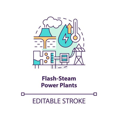 Ilustración de Flash-steam power plant concept icon. High pressured steam. Geothermal power station abstract idea thin line illustration. Isolated outline drawing. Editable stroke. Arial, Myriad Pro-Bold fonts used - Imagen libre de derechos