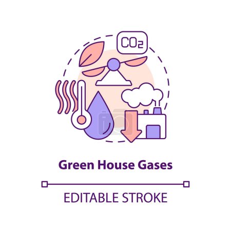 Ilustración de Green house gases concept icon. Plant emissions. Geothermal energy disadvantage abstract idea thin line illustration. Isolated outline drawing. Editable stroke. Arial, Myriad Pro-Bold fonts used - Imagen libre de derechos