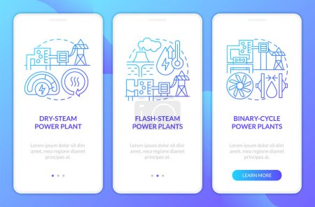 Illustration for Geothermal power plants blue gradient onboarding mobile app screen. Walkthrough 3 steps graphic instructions with linear concepts. UI, UX, GUI template. Myriad Pro-Bold, Regular fonts used - Royalty Free Image