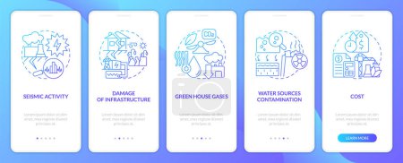 Illustration for Geothermal energy disadvantages blue gradient onboarding mobile app screen. Walkthrough 5 steps graphic instructions with linear concepts. UI, UX, GUI template. Myriad Pro-Bold, Regular fonts used - Royalty Free Image