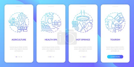 Illustration for Usage of geothermal energy blue gradient onboarding mobile app screen. Walkthrough 4 steps graphic instructions with linear concepts. UI, UX, GUI template. Myriad Pro-Bold, Regular fonts used - Royalty Free Image
