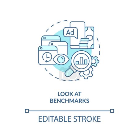 Ilustración de Look at benchmarks turquoise concept icon. Get started with social media advertising abstract idea thin line illustration. Isolated outline drawing. Editable stroke. Arial, Myriad Pro-Bold fonts used - Imagen libre de derechos