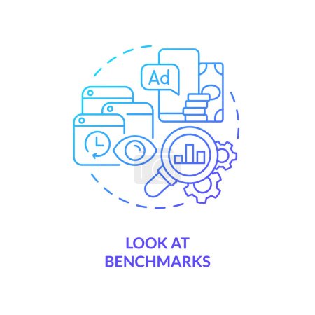 Ilustración de Look at benchmarks blue gradient concept icon. Promotion tools. Get started with social media advertising abstract idea thin line illustration. Isolated outline drawing. Myriad Pro-Bold font used - Imagen libre de derechos