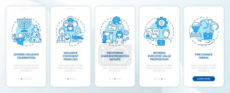 Illustration for DEI initiatives for workplace blue onboarding mobile app screen. Walkthrough 5 steps editable graphic instructions with linear concepts. UI, UX, GUI template. Myriad Pro-Bold, Regular fonts use - Royalty Free Image