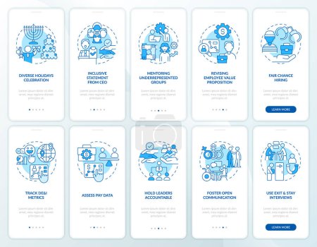 Illustration for DEI programs for workplace blue onboarding mobile app screens set. Walkthrough 5 steps editable graphic instructions with linear concepts. UI, UX, GUI template. Myriad Pro-Bold, Regular fonts use - Royalty Free Image