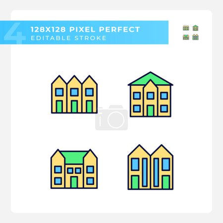 Ilustración de Luxury houses pixel perfect RGB color icons set. Townhouse and mansion. Single family detached home. Isolated vector illustrations. Simple filled line drawings collection. Editable stroke - Imagen libre de derechos