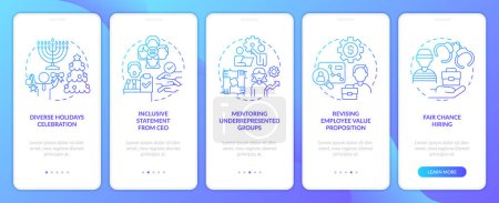 Illustration for DEI initiatives for workplace blue gradient onboarding mobile app screen. Walkthrough 5 steps graphic instructions with linear concepts. UI, UX, GUI template. Myriad Pro-Bold, Regular fonts use - Royalty Free Image