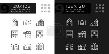 Ilustración de Property purchase pixel perfect linear icons set for dark, light mode. Real estate agency. Apartments. Luxury property. Thin line symbols for night, day theme. Isolated illustrations. Editable stroke - Imagen libre de derechos