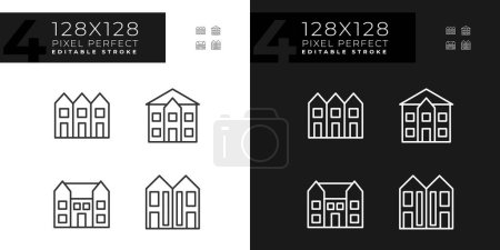Ilustración de Luxury houses pixel perfect linear icons set for dark, light mode. Townhouse and mansion. Single family detached home. Thin line symbols for night, day theme. Isolated illustrations. Editable stroke - Imagen libre de derechos