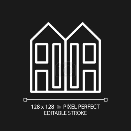 Ilustración de Duplex pixel perfect white linear icon for dark theme. Two dwelling units. Attached houses. Real estate. Multifalmily home. Thin line illustration. Isolated symbol for night mode. Editable stroke - Imagen libre de derechos