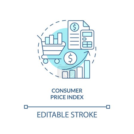 Illustration for Consumer price index turquoise concept icon. Inflation factor. Economic analysis key abstract idea thin line illustration. Isolated outline drawing. Editable stroke. Arial, Myriad Pro-Bold fonts used - Royalty Free Image