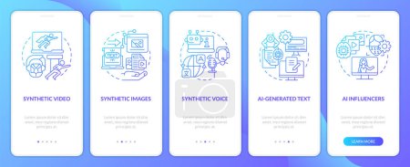Illustration for Synthetic media types blue gradient onboarding mobile app screen. VR walkthrough 5 steps graphic instructions with linear concepts. UI, UX, GUI template. Myriad Pro-Bold, Regular fonts used - Royalty Free Image