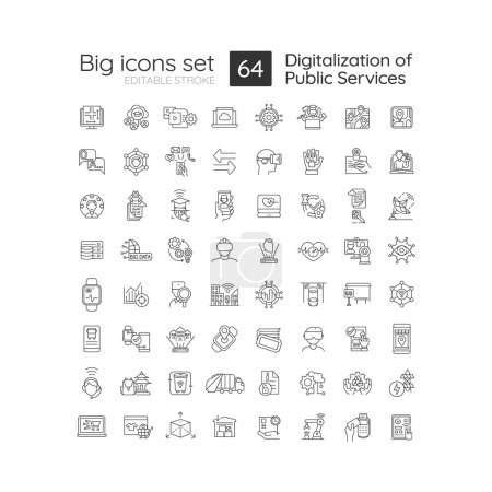 Illustration for Digitalization of public services linear icons set. Provide services online. Digital transformation. Customizable thin line symbols. Isolated vector outline illustrations. Editable stroke - Royalty Free Image