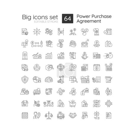 Power purchase agreement linear icons set. Alternative energy generation. Electricity supply. Customizable thin line symbols. Isolated vector outline illustrations. Editable stroke