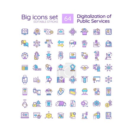 Illustration for Digitalization of public services RGB color icons set. Provide services online. Digital transformation. Isolated vector illustrations. Simple filled line drawings collection. Editable stroke - Royalty Free Image