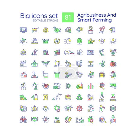 Illustration for Agribusiness and smart farming RGB color icons set. Agriculture technologies. E-agriculture. Process automation. Isolated vector illustrations. Simple filled line drawings collection. Editable stroke - Royalty Free Image