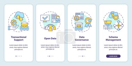 Illustration for Data lakehouse onboarding mobile app screen. Repository architecture walkthrough 4 steps editable graphic instructions with linear concepts. UI, UX, GUI template. Myriad Pro-Bold, Regular fonts used - Royalty Free Image