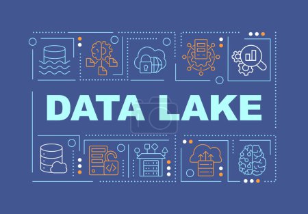 Data lake word concepts dark blue banner. Digital storage. Analytics. Infographics with editable icons on color background. Isolated typography. Vector illustration with text. Arial-Black font used