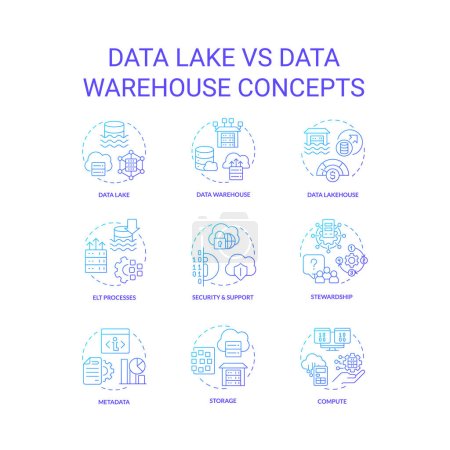 Data lake vs entrepôt de données bleu dégradé concept icônes ensemble. Stockage d'informations. Idée analytique lignes fines illustrations en couleurs. Symboles isolés. Roboto-Medium, Myriad Pro-Bold polices utilisées