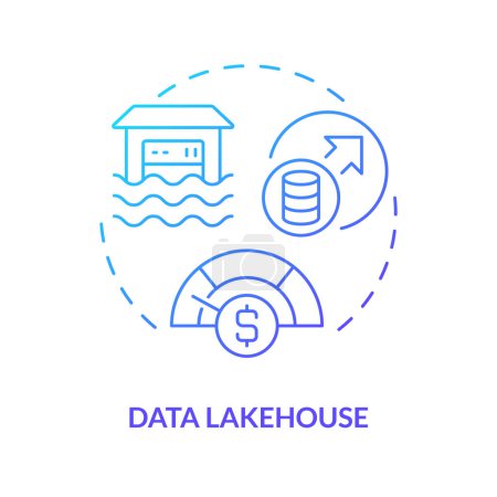 Data lakehouse blue gradient concept icon. Lake and warehouse combination. Data repository abstract idea thin line illustration. Isolated outline drawing. Myriad Pro-Bold font used