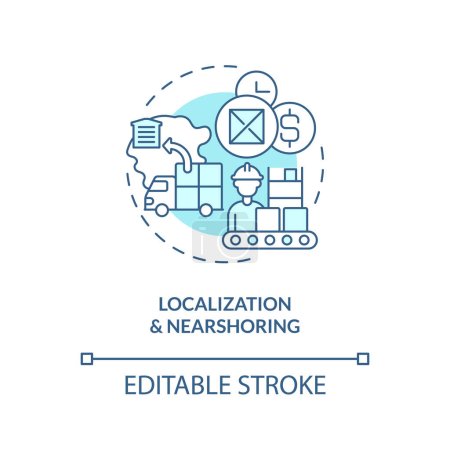 Localization and nearshoring turquoise concept icon. Key supply chain strategy abstract idea thin line illustration. Isolated outline drawing. Editable stroke. Arial, Myriad Pro-Bold fonts used