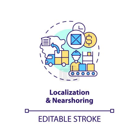 Localization and nearshoring concept icon. Key supply chain strategy abstract idea thin line illustration. Isolated outline drawing. Editable stroke. Arial, Myriad Pro-Bold fonts used