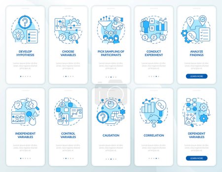 Illustration for Causal research blue onboarding mobile app screens set. Analytics. Walkthrough 5 steps editable graphic instructions with linear concepts. UI, UX, GUI template. Myriad Pro-Bold, Regular fonts used - Royalty Free Image
