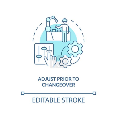 Illustration for Adjust prior to changeover turquoise concept icon. Production process improvement abstract idea thin line illustration. Isolated outline drawing. Editable stroke. Arial, Myriad Pro-Bold fonts used - Royalty Free Image