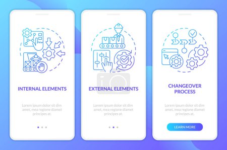 Illustration for SMED concepts blue gradient onboarding mobile app screen. Changeover process walkthrough 3 steps graphic instructions with linear concepts. UI, UX, GUI template. Myriad Pro-Bold, Regular fonts used - Royalty Free Image