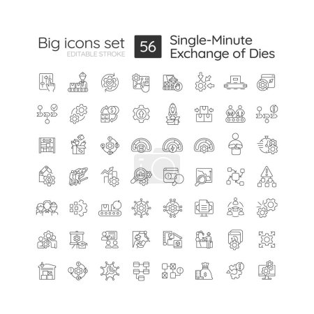Illustration for Single minute exchange of dies linear icons set. SMED methodology. Lean production. Productivity improvement. Customizable thin line symbols. Isolated vector outline illustrations. Editable stroke - Royalty Free Image